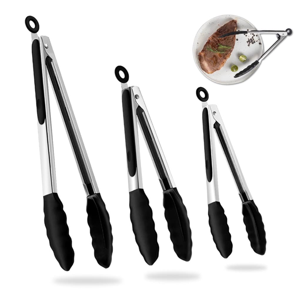 Kit 3 Pegadores De Silicone e Inox Para Alimentos Pinça - Pequeno/Médio/Grande