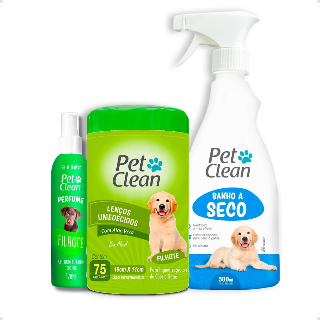 Kit Banho Sem Enxágue Lenço Umedecido + Banho a Seco + Perfume Pet Clean