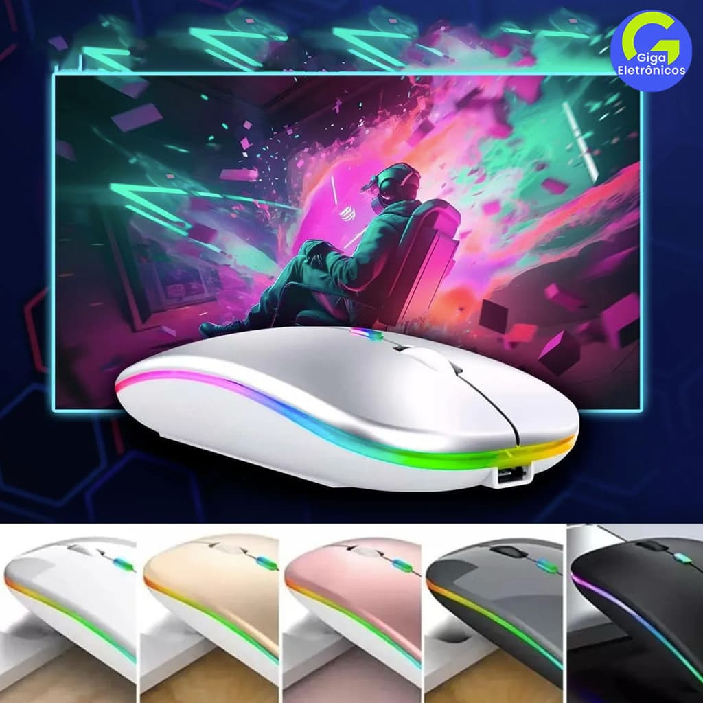 Mouse Sem Fio Recarregável Led RGB Clique Silencioso 2.4 Ghz Ergonômico Gamer Home Office