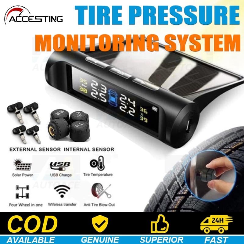 Sistema De Monitoramento De Alarme De Pressão De Pneus TPMS Solar Sem Fio Com 4 Sensores Externos Display LCD Aviso De T