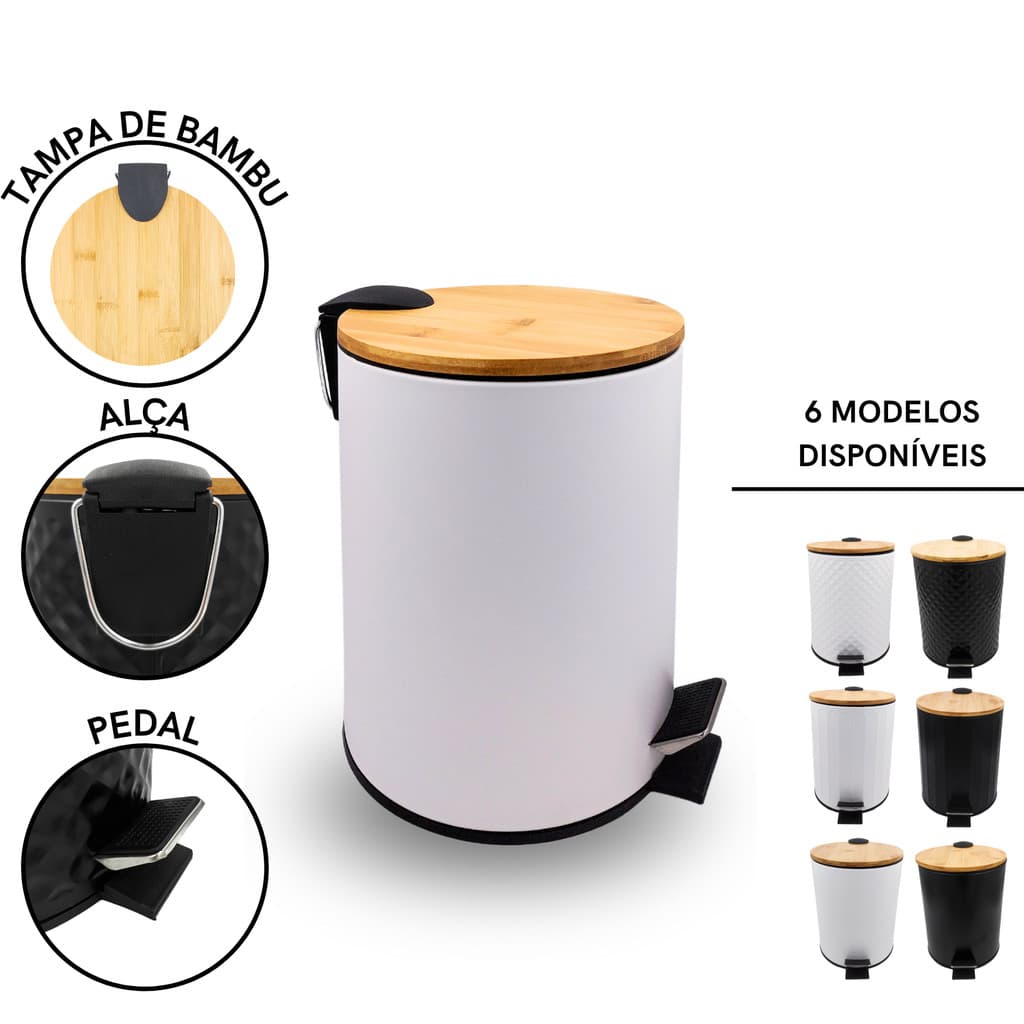Lixeira inox 5 litros tampa bambu moderna banheiro luxo com cesto