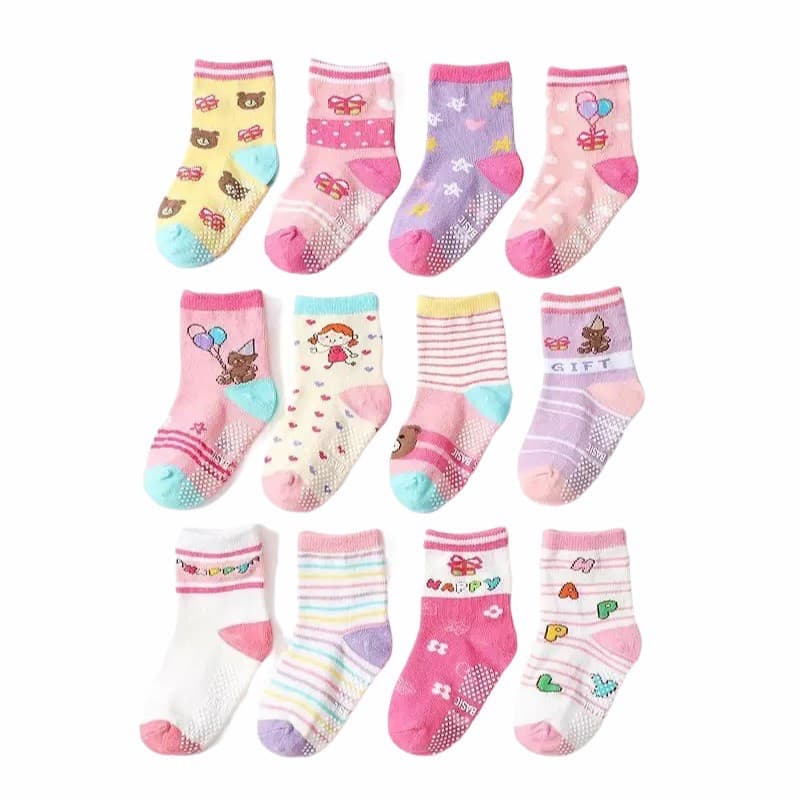 Kit 6 e 12 Pares de Meias Infantil para Recém Nascidos e Bebê Menina c/ Antiderrapante