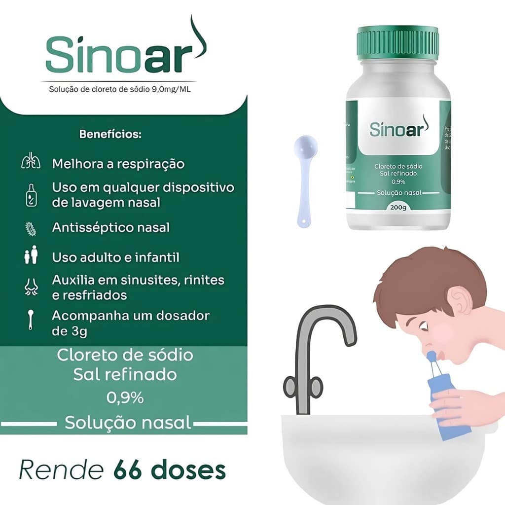 Sal Puro Refinado Sem Iodo Sinoar Para Limpeza Nasal Pote de 200g