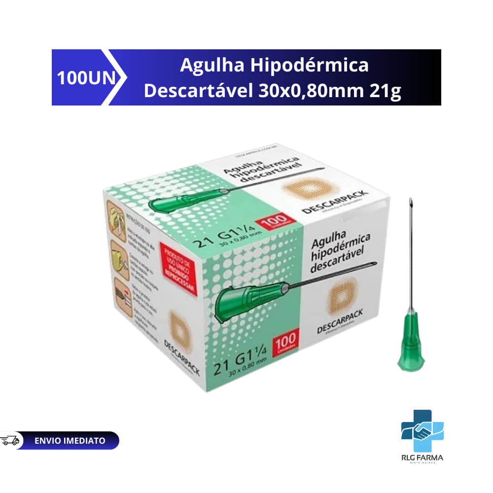Agulha Hipodérmica Descartável 30x0,80mm 21g (Verde) Caixa C/100 - Descarpack