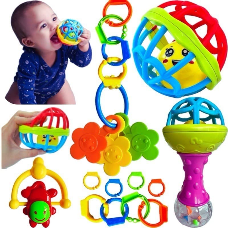 Kit Brinquedos Para Bebê Chocalhos Mordedor Sensorial 5 Peças Brinquedo Infantil Musical Coisas de Bebê Neném Criança
