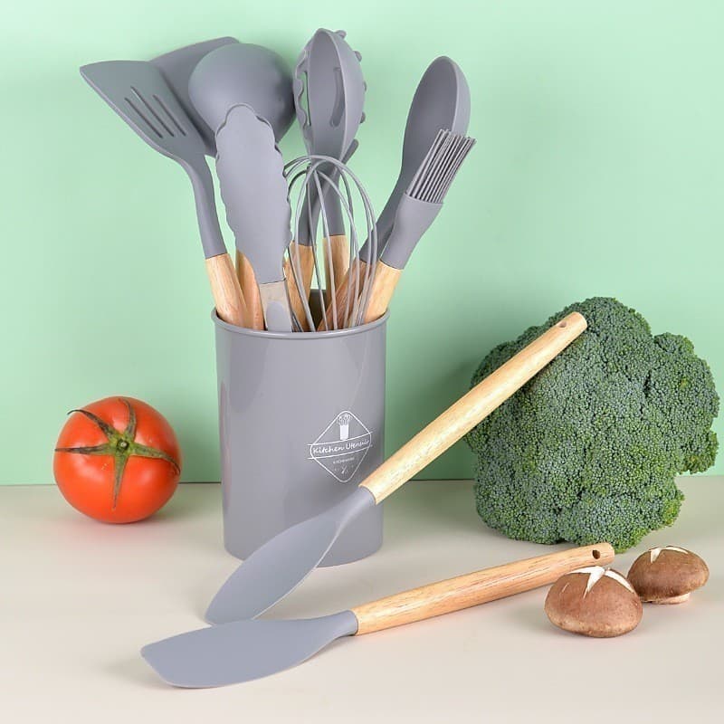 KIT de Utensílios Para Cozinha em Silicone e Bambu 12 Peças