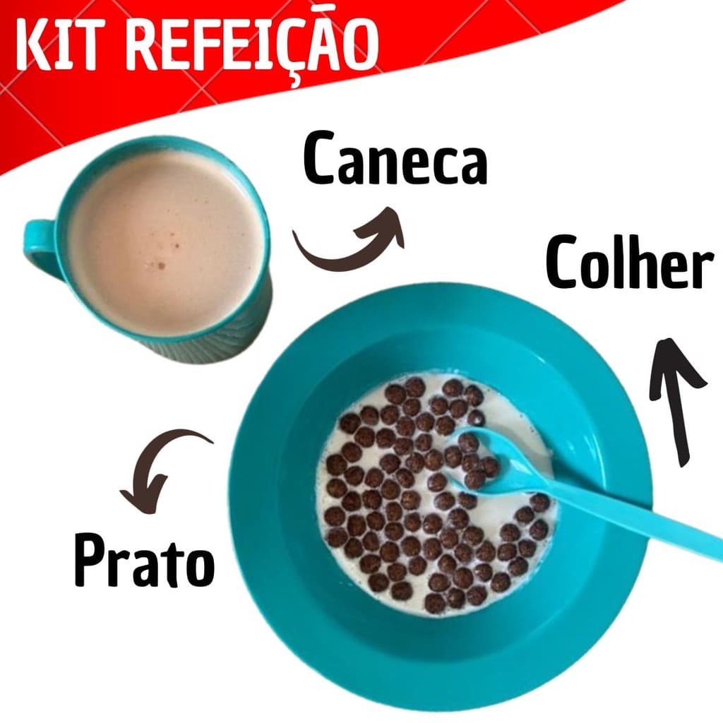 5 Kit merenda escola pratos fundos colher caneca plástico colorido criança idoso igreja lanche casa