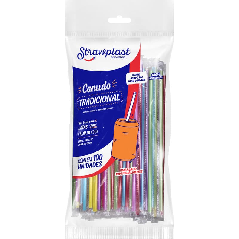 Pacote Canudo Tradicional Colorido Sachê 5MM 100UN PP CS-331