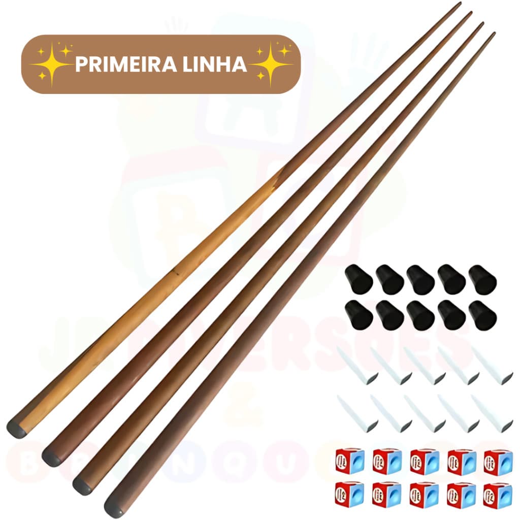 4 Tacos para Sinuca Bilhar Ipê Goiabão 1.45m Primeira linha + Kit Giz + 10 Virolas