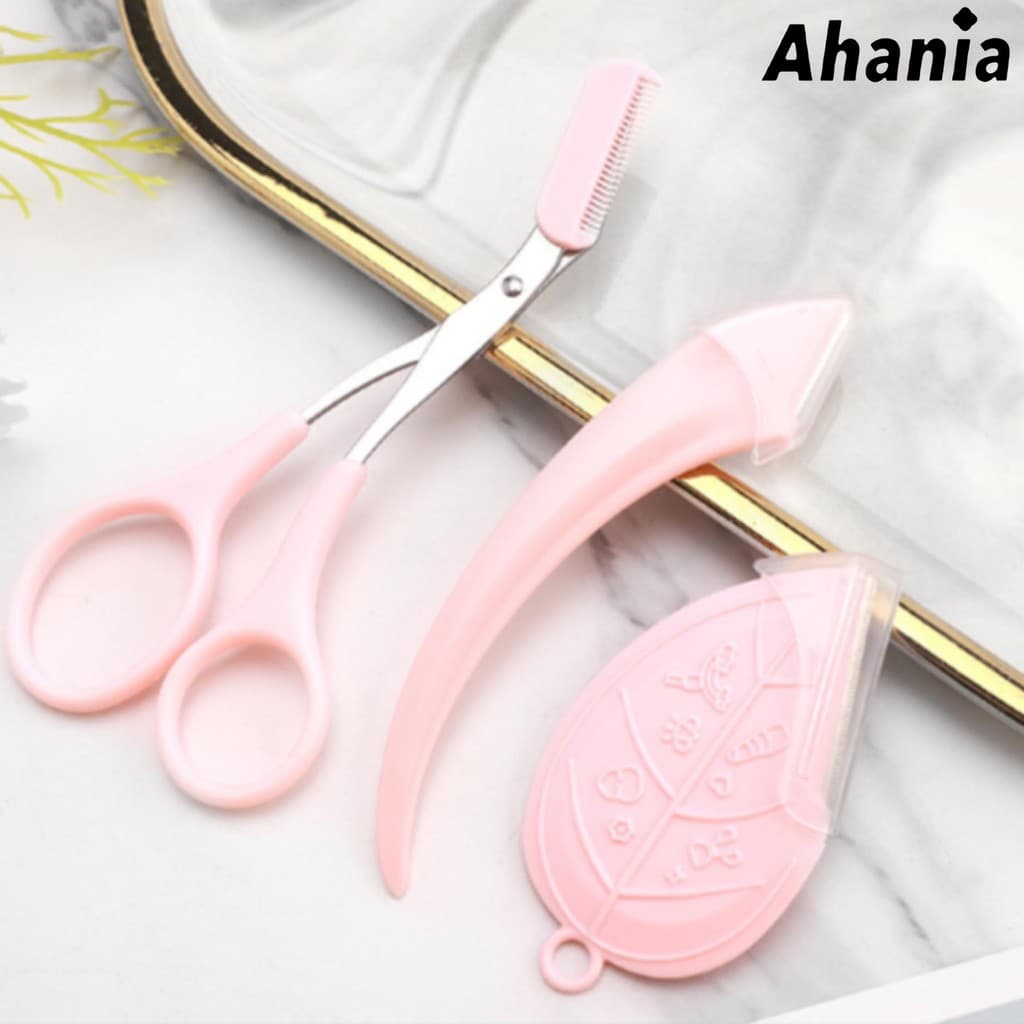 Kit de 3 Peças, Navalha e Tesoura para Sobrancelha, Tesoura Com Pente Aço Inox Afiada, Navalha em Formato da Folha e Lua