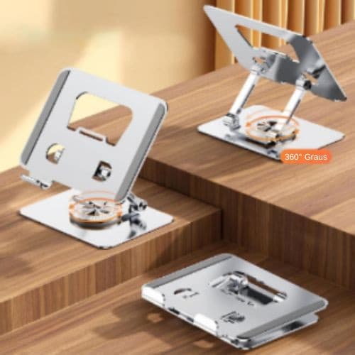 Suporte Tablet iPad Inox Total de Mesa Base Rotatória Ajustável Dobrável 360º Para Tablets Mac