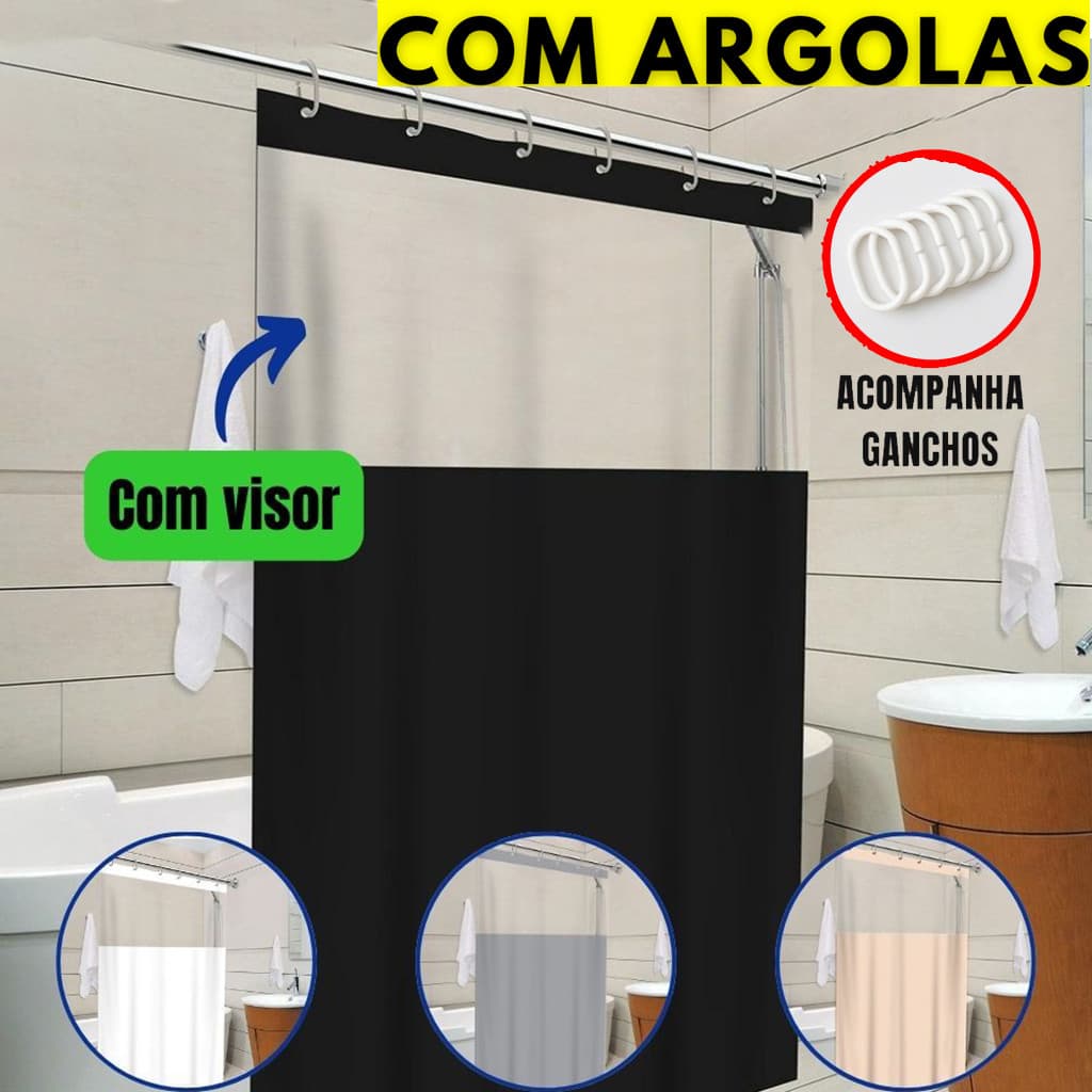 Cortina Box Banheiro Com Visor Transparente Antimofo em PVC c/ Ganchos Várias Cores