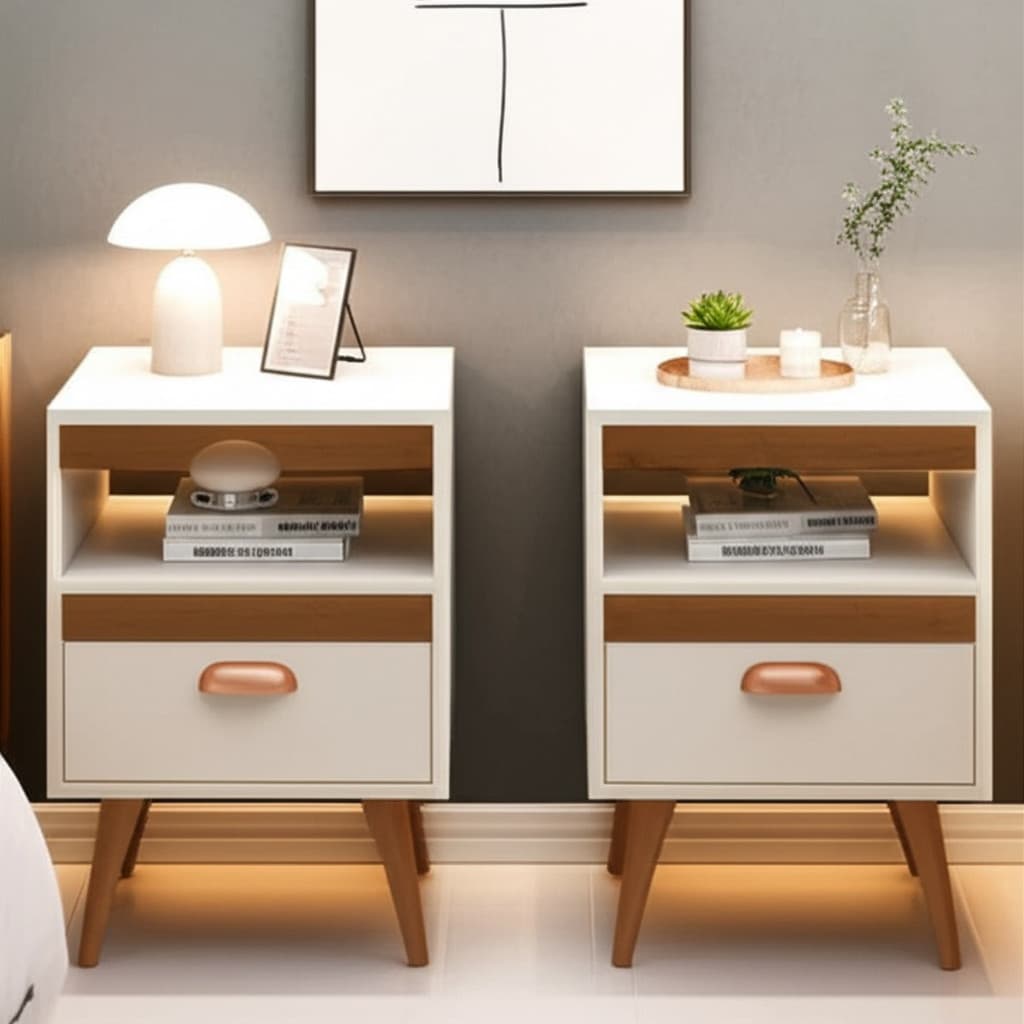 Kit 2 Mesas de Cabeceira para Quarto com Pés e Gaveta com Nicho