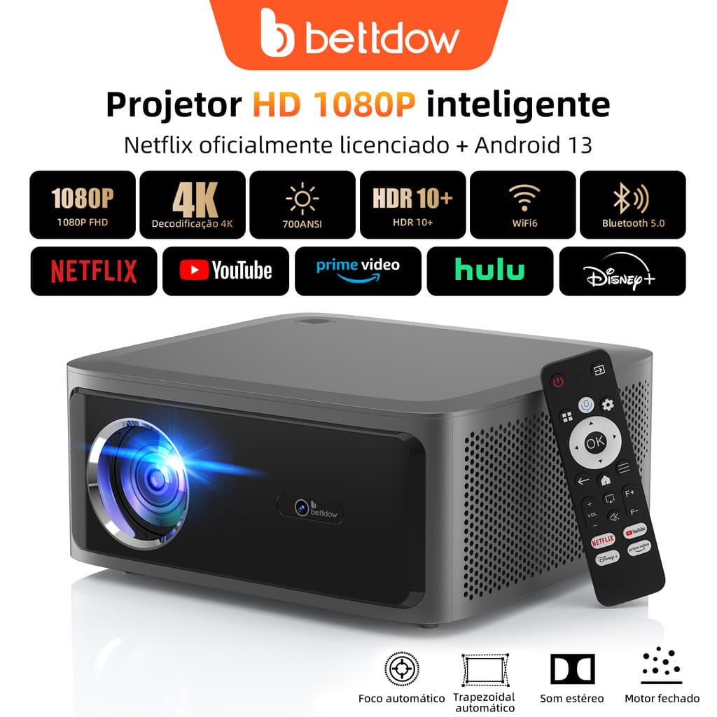 Projetor Fechado BETTDOW Netflix Com Resolução 4K 1080P , 800 ANSI , Foco Automático , Wi-Fi 6 , Bluetooth 5.0