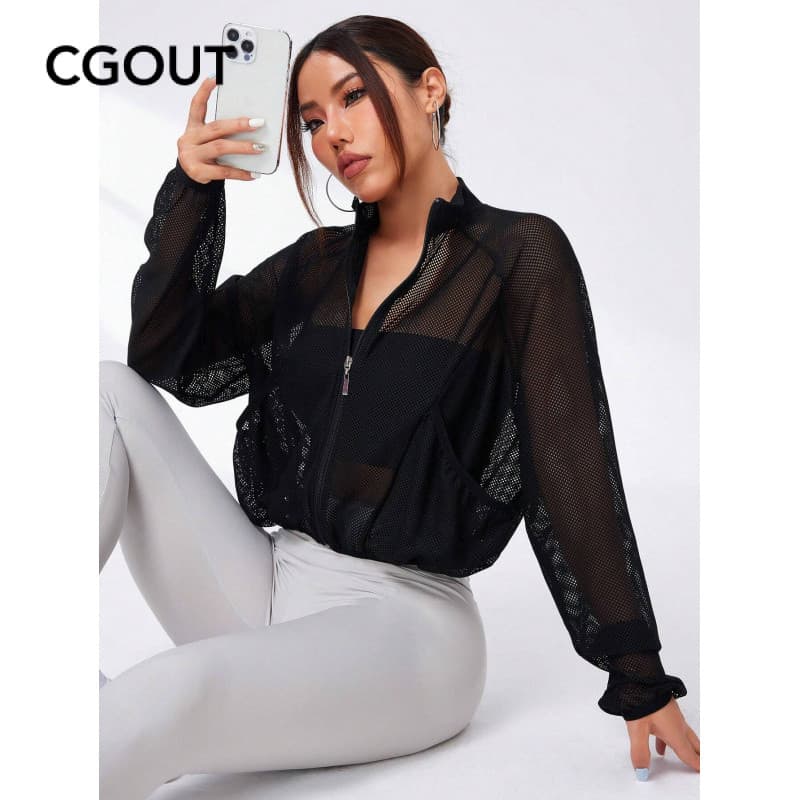 Jaqueta esportiva feminina casual diária de gola alta - estilo transparente Sexy, com bolsos, adequada para corrida, Fit