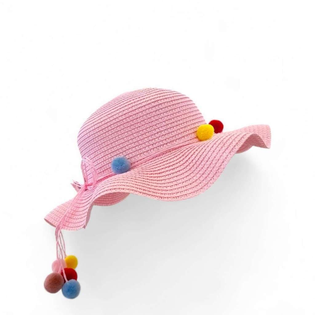 Chapéu Infantil de Palha, Feminino Bonito com Pompons, Proteção Solar para Praia e Passeios