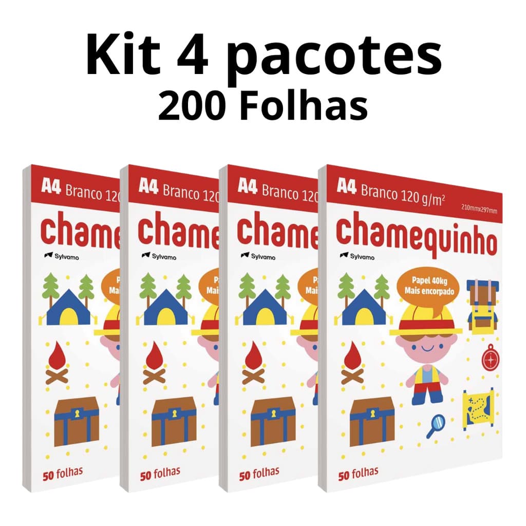 Kit 4 Pacotes Papel Chamequinho Sulfite A4 40Kg 120Gr Branco Chamex 200 Folhas Totais