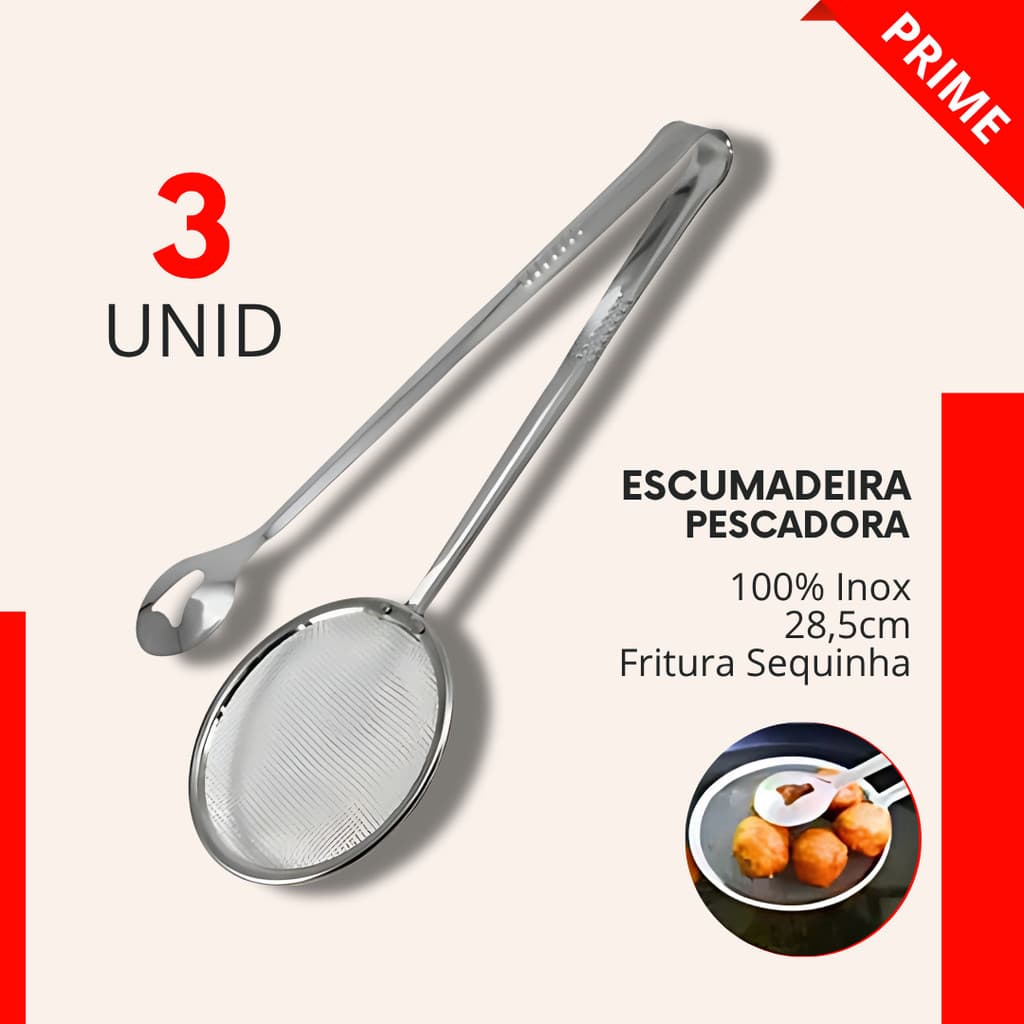 Kit 3 Escumadeira Pescadora para Fritura Inox Milanesa Cozinha Bufet Restaurante