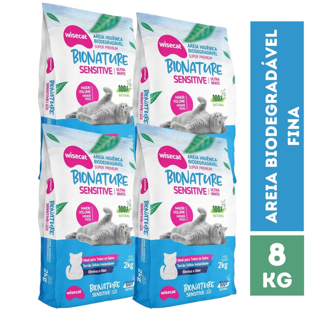 Kit 4 Areia de Mandioca Biodegradável Wisecat Sensitive – Granulação Fina | 8kg
