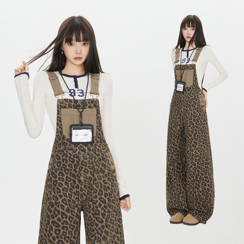 2025 outono inverno novo estilo Design de moda leopardo impressão macacão feminino solto cintura alta mais magro olhar D