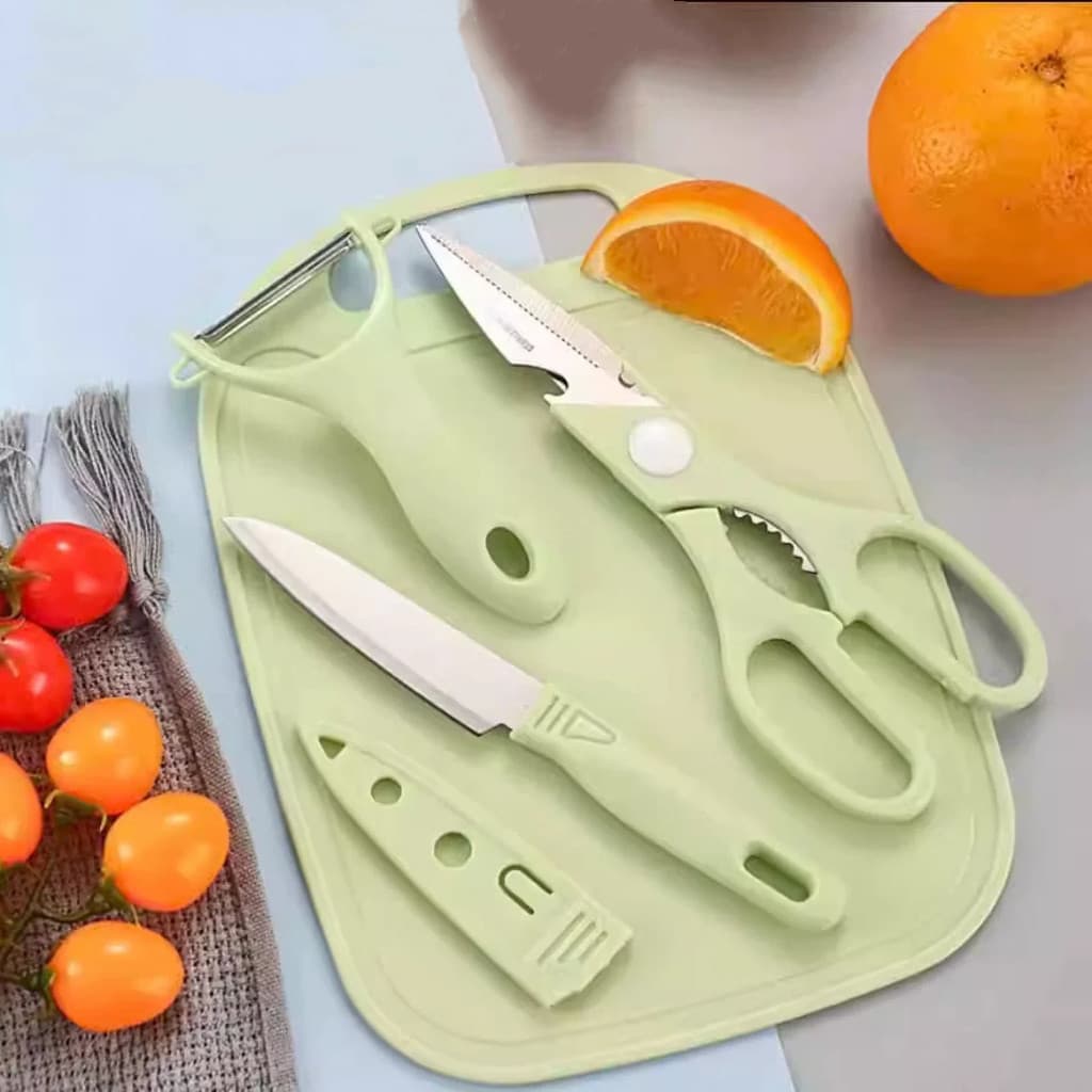 Kit De Utensílios De Cozinha 4 Peças Faca Tesoura Descascador Tábua Culinária