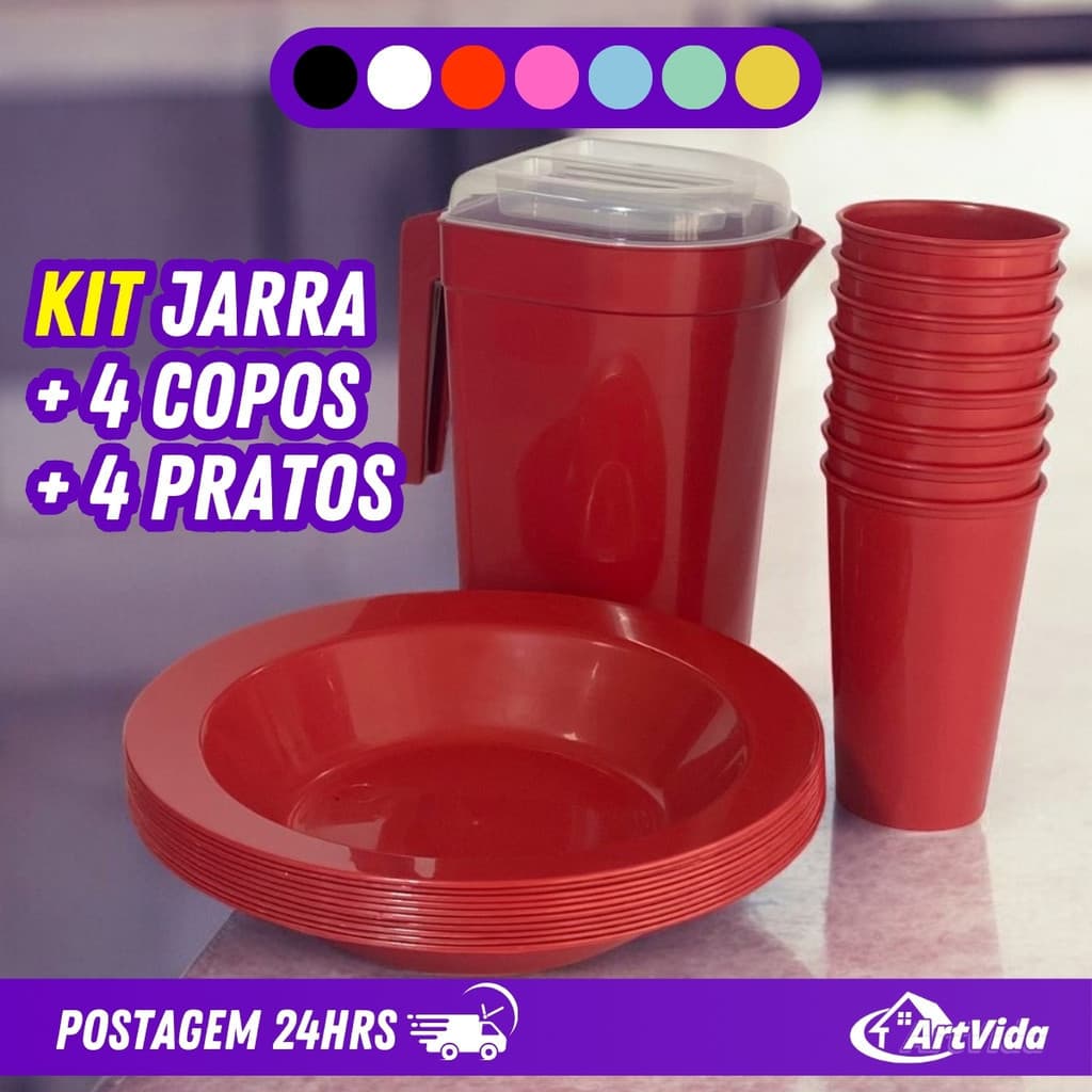 Kit Jarra 1,8L + 4 Copos e 4 Pratos Fundos Festas Eventos Crianças Merendas Várias Cores – ArtVida
