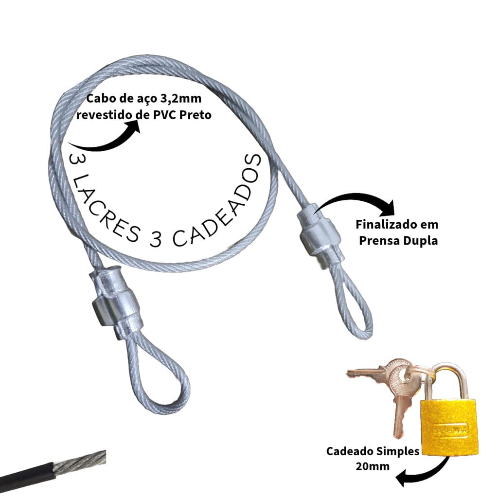 3 Cabos de Segurança 35cm Revestido PVC + 3 Cadeado 20mm bag Trava Ziper Malas Bagagens Capacete Bolsa Estrobo