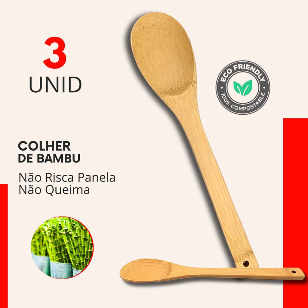 Jogo 3 Colher De Bambu 30cm Madeira Bamboo Pau Cozinha Multiuso