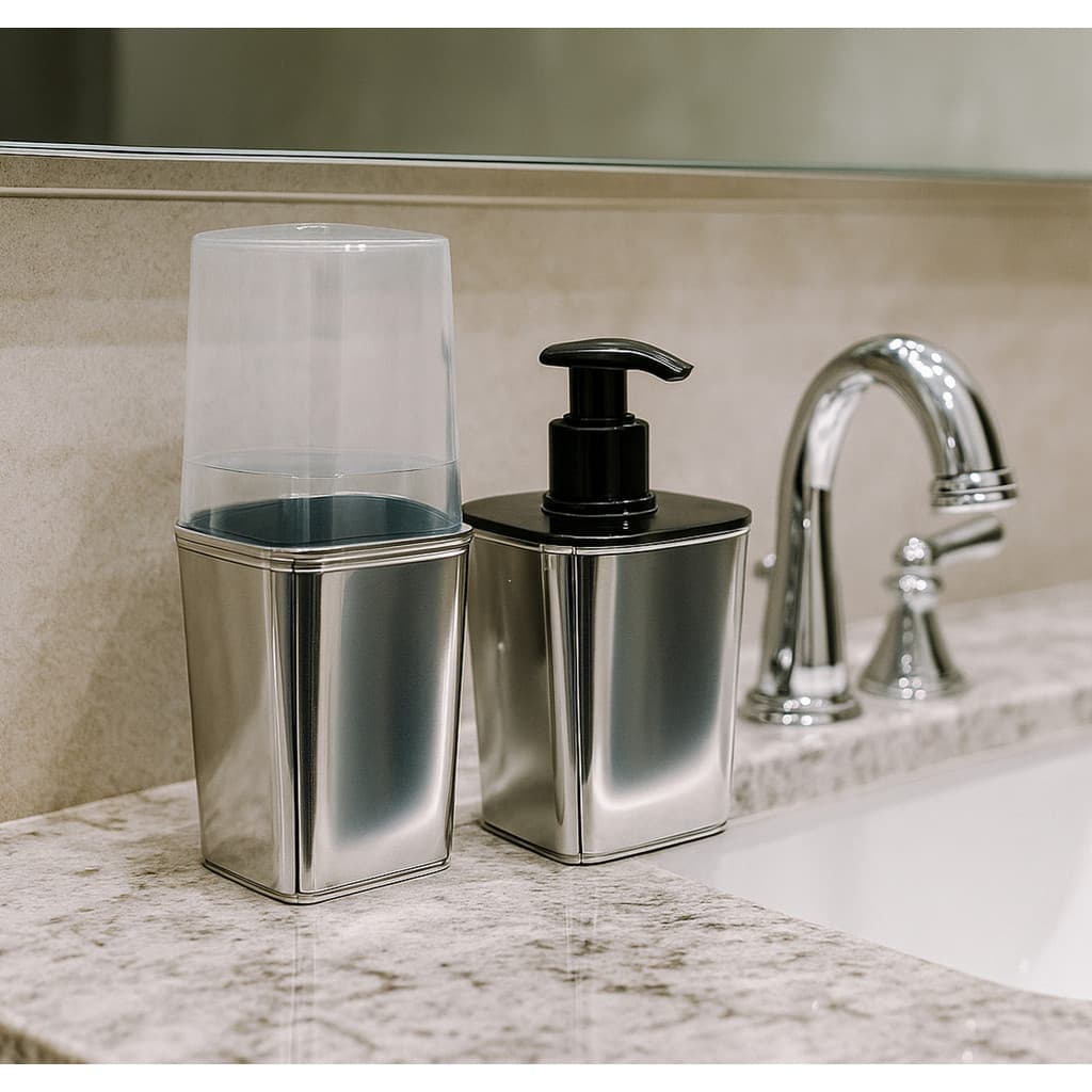 Kit Utensílios Prata 2 peças Toilete Porta Escova de Dentes e Sabonete Líquido - Toalete Premium