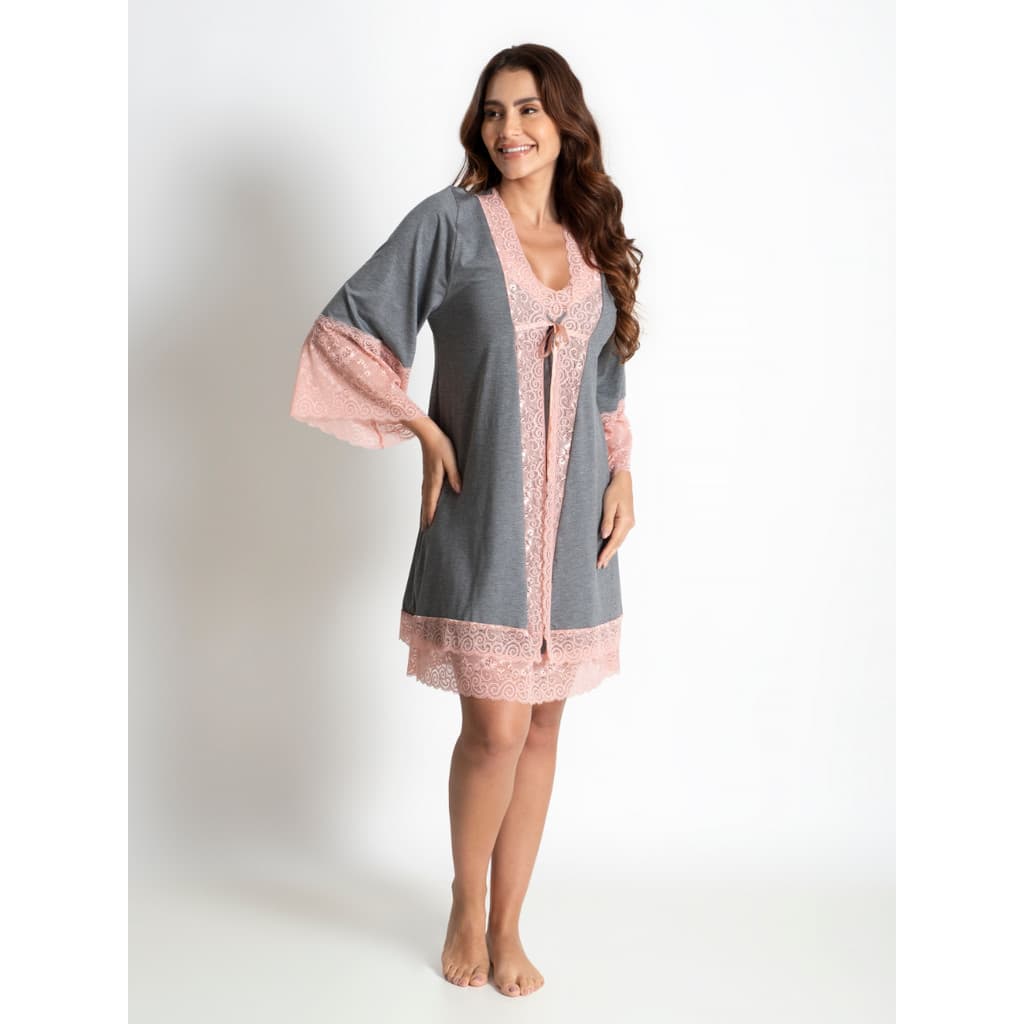 Robe Roupão Feminino em Viscose Premium e Renda de Poliamida Amamentação Maternidade Pós parto