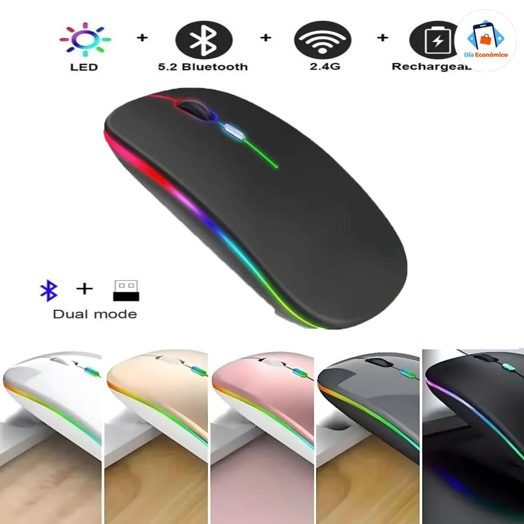 Mouse Sem Fio Recarregável Led RGB Clique Silencioso 2.4 Ghz Ergonômico Gamer Home Office