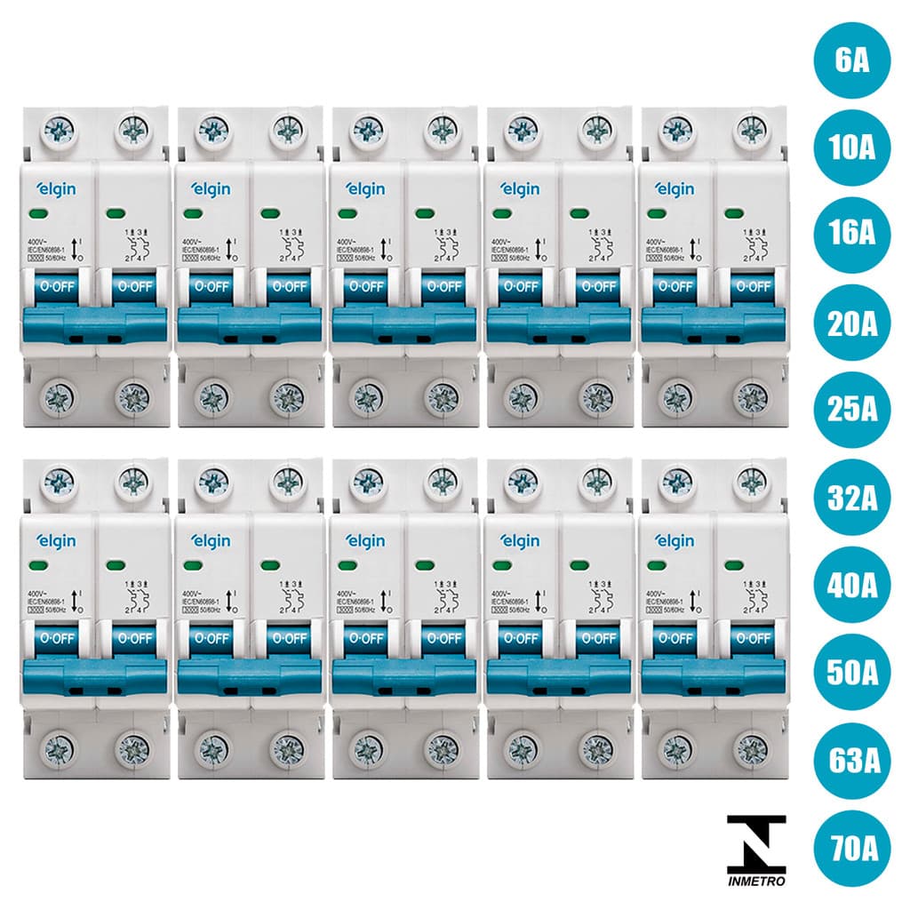 Kit 10 Disjuntor Bipolar Duplo Elgin 6A até 70A Curva C 2 Polo Homologado Inmetro