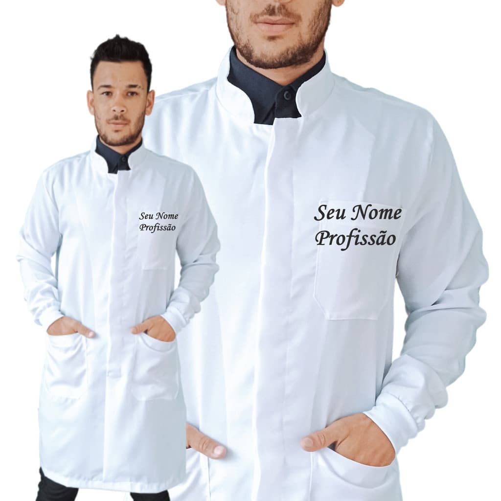 Jaleco Masculino Personalizado Com Nome e Profissão, Modelo Botão Embutido Bordado Bolso Superior