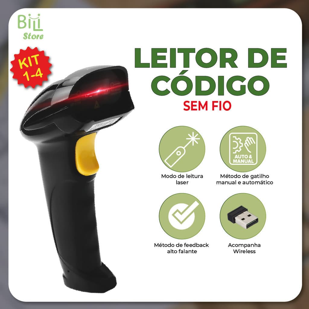 Leitor De Código De Barras Scanner Laser Sem Fio Wireless Leitura 1D com carregador USB