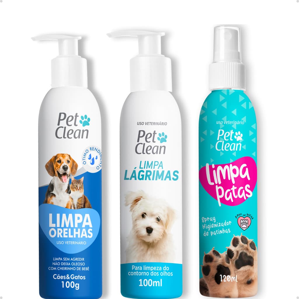 Kit Higiene Higienização Banho Limpador Patas + Limpa Ouvidos + Lagrimas Pet Clean