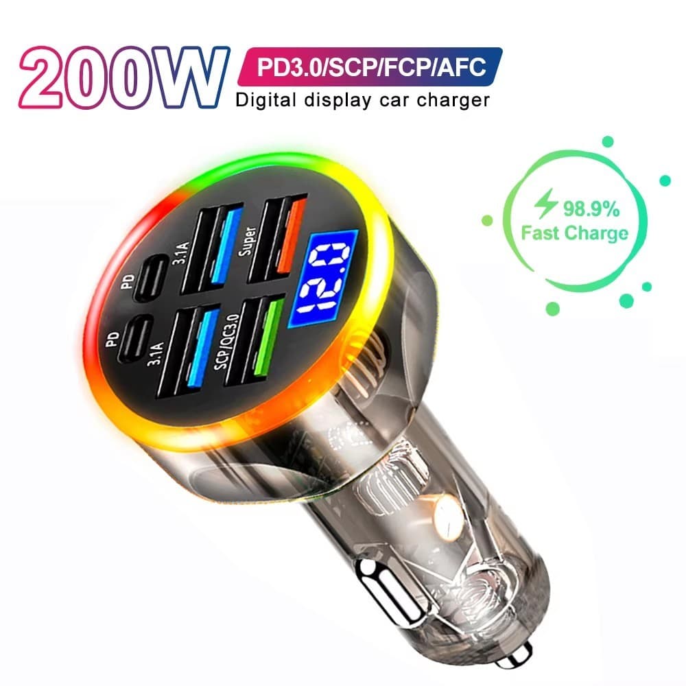 200W 6 Portas QC3.0 PD Carregador De Carro Tipo C Adaptador De Telefone Celular Para De Carregamento Rápido QC 3.0