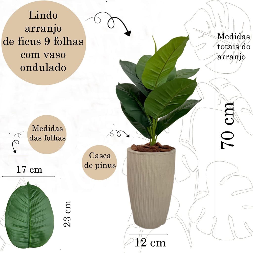 Ficus Lyrata Artificial Com Vaso Ondulado Cone Casa Jardim 70cm