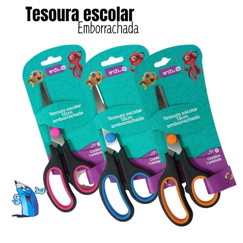 KIT 3 TESOURA ESCOLAR  INOX CABO EMBORRACHADO 13CM ONDA