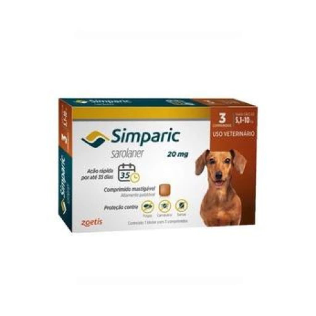 Simparic 20Mg Anti-Pulgas Pra Cães de 5 a10Kg 3 Comprimidos