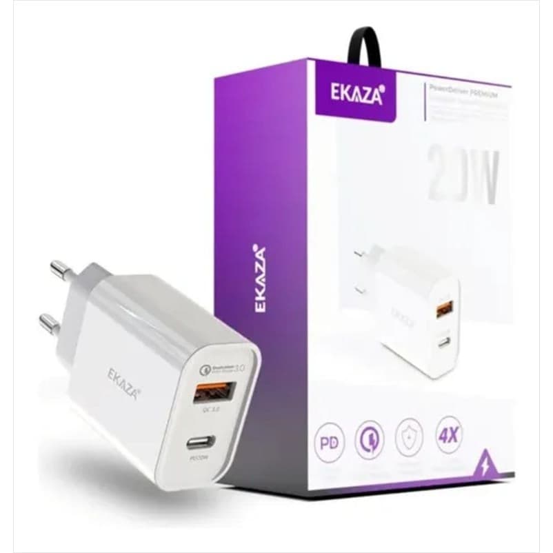 Carregador Turbo Rápido Ekaza 20w com USB-a e USB-c QC3.0