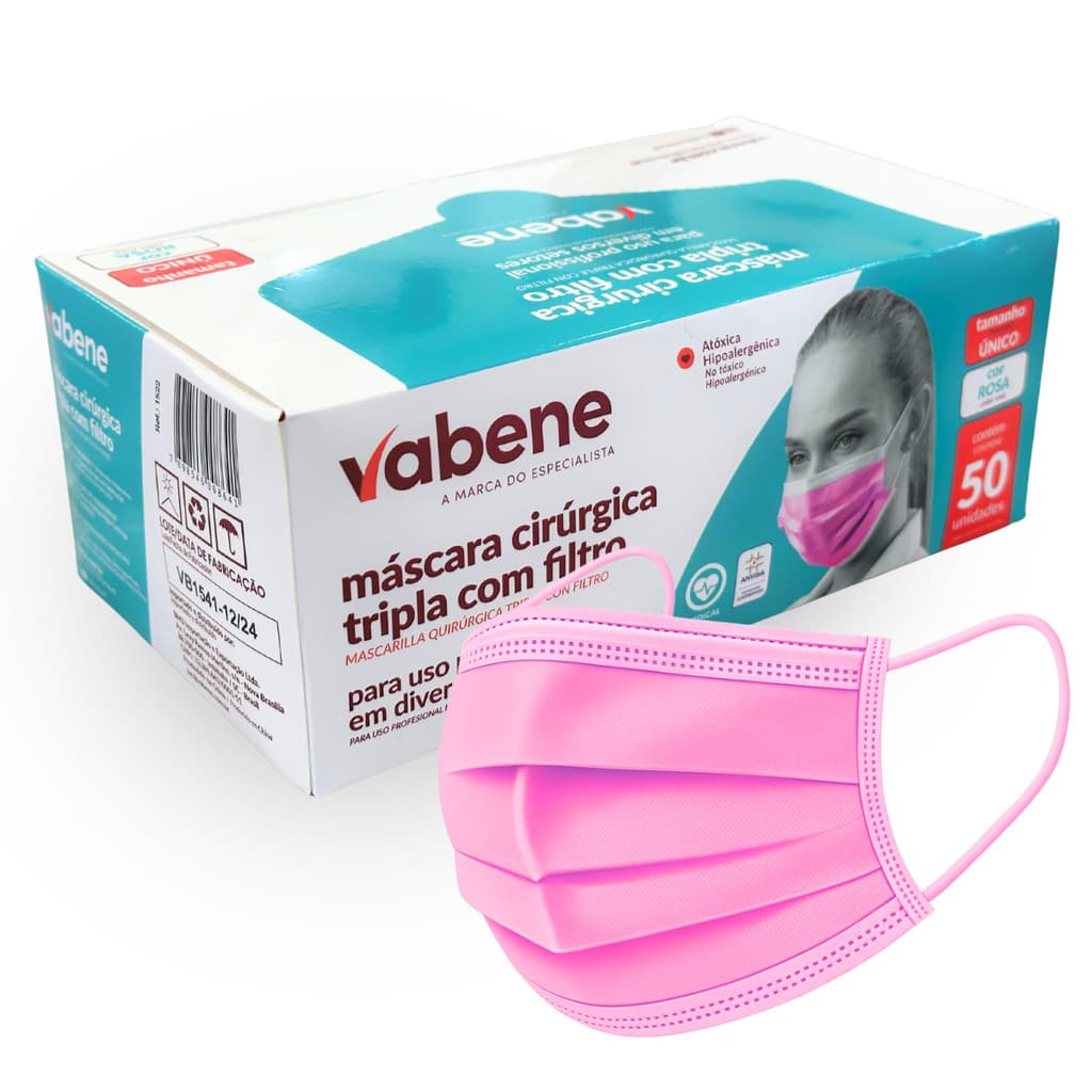 Máscara Descartável Rosa Tripla com Elástico Caixa c/50 - Premium
