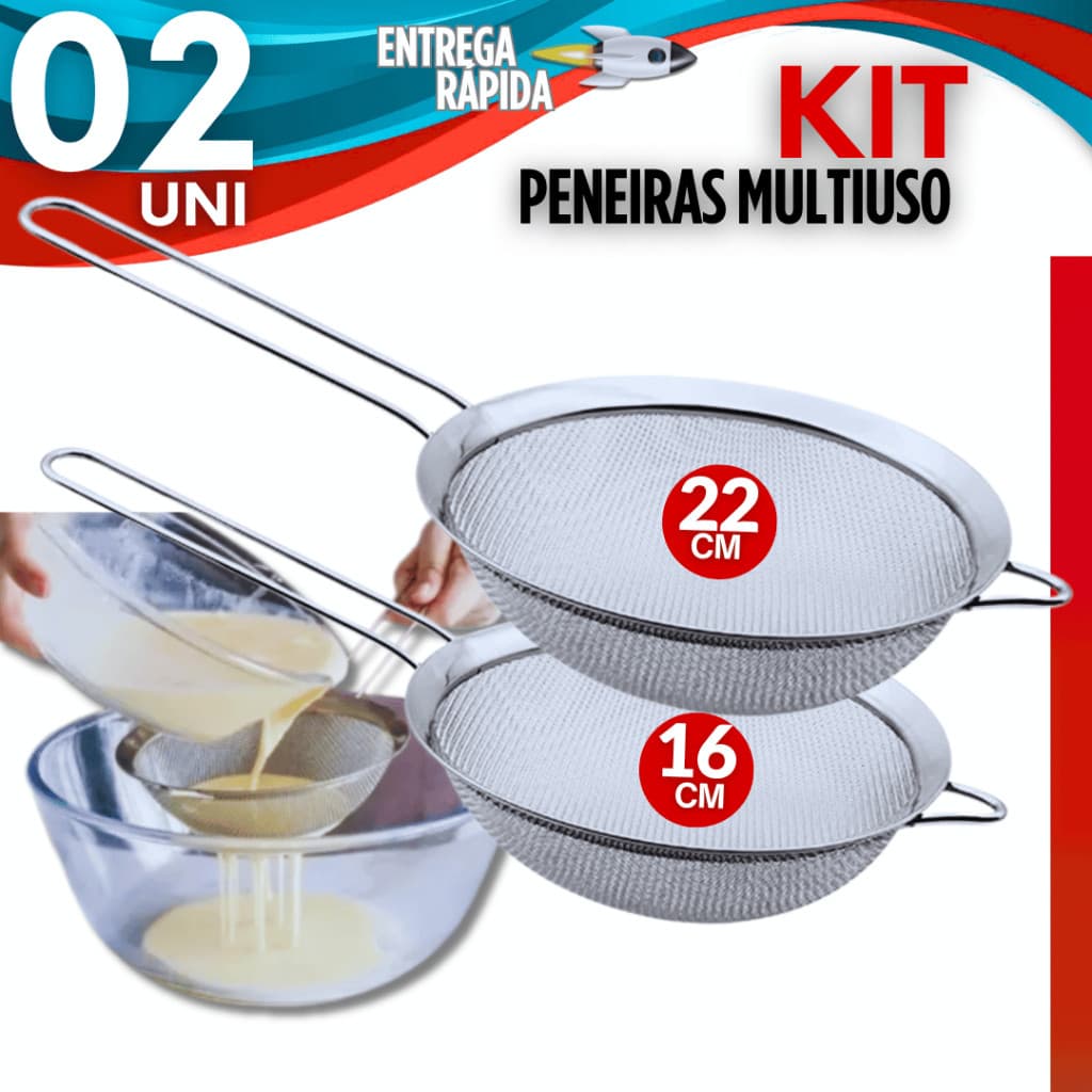 Kit Especial 2 ou 1 Peneira Grande Coador De Peneiras Aço Inoxidável Para Cozinha 22cm + 16cm Top