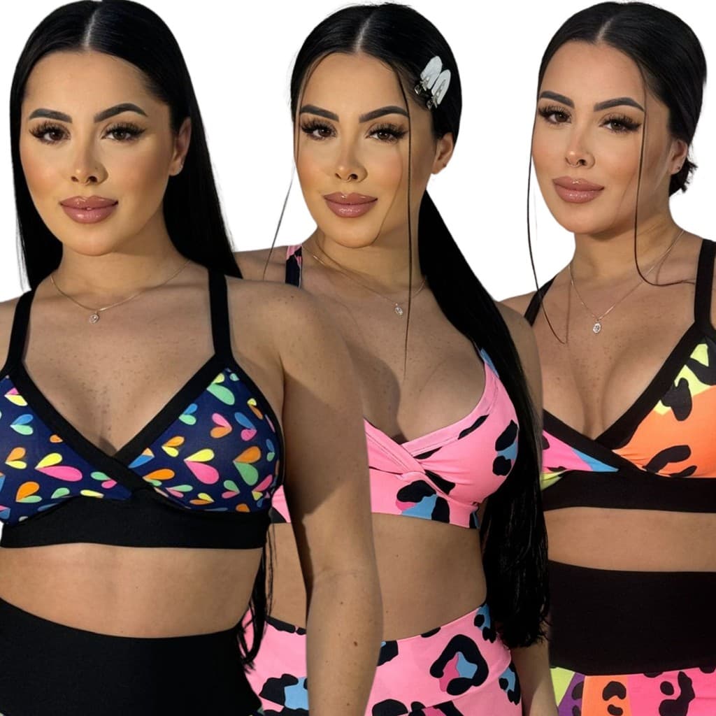 kit 3 Tops Fitness de Academia Simples Estampado Cores Sem Bojo Promocional