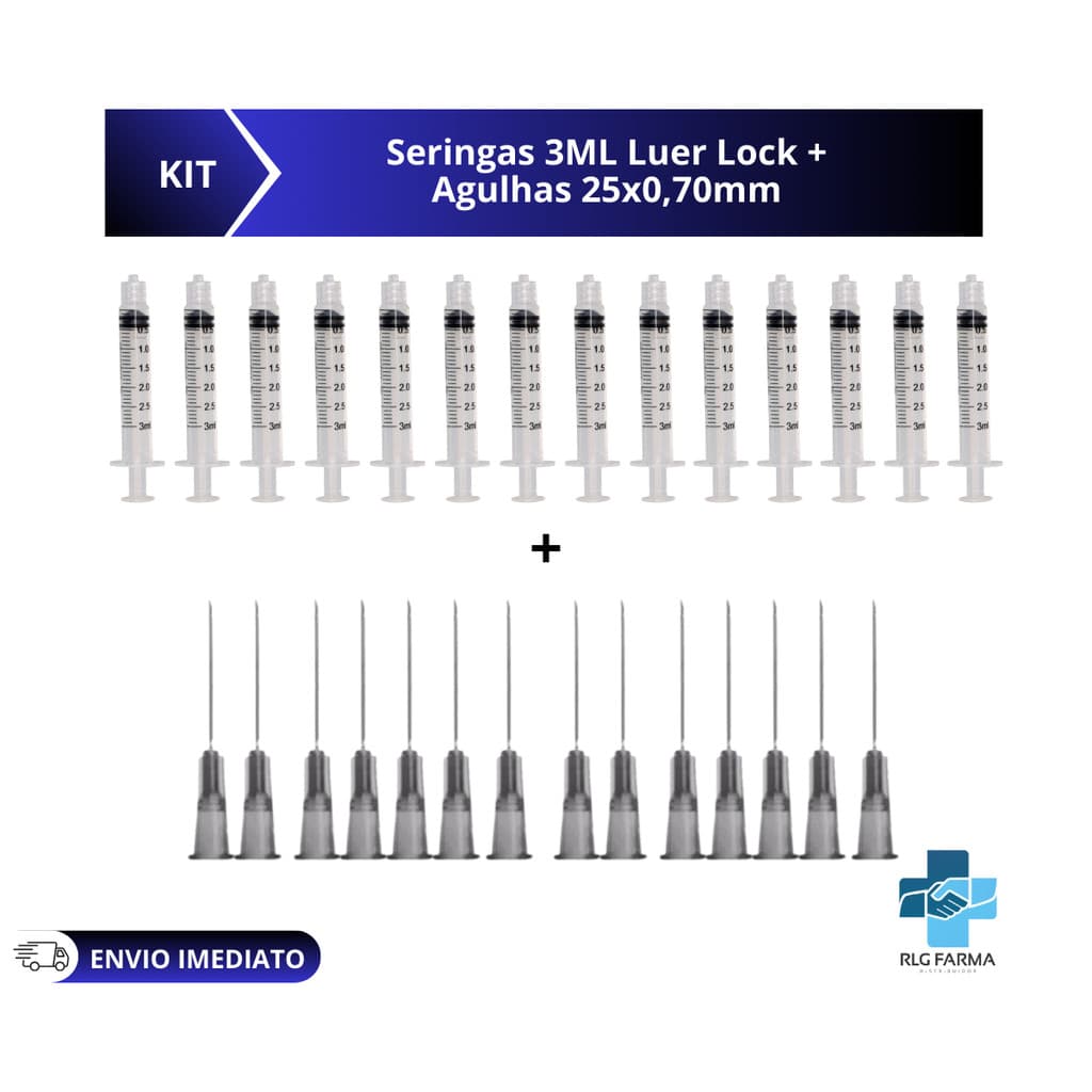 Seringas 3ml Bico Luer lock Rosca + Agulhas 25x0,70 Kit com 100 cada