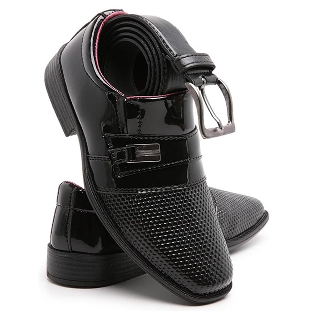 Kit Sapato Social Infantil Masculino Preto Com Cinto 448 Bico Quadrado Barato Conforto Leve Brasil