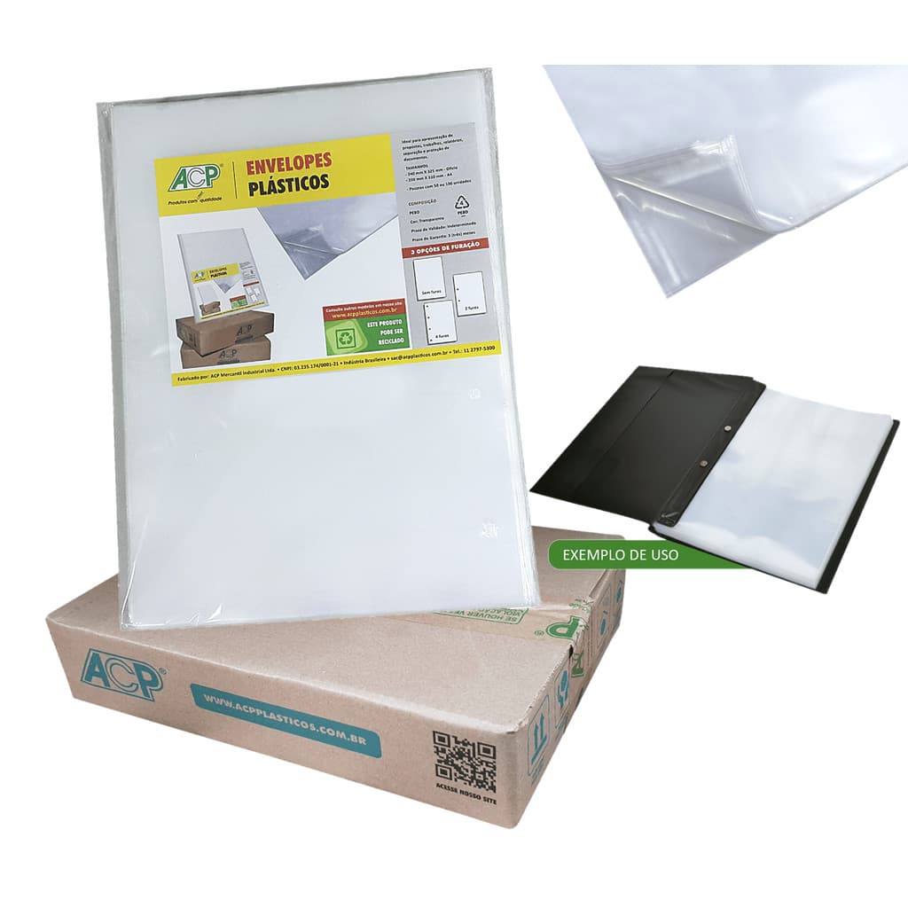 Envelope Plástico 4 Furos Oficio A4 Fino Grosso Extra Grosso Pacote com 100