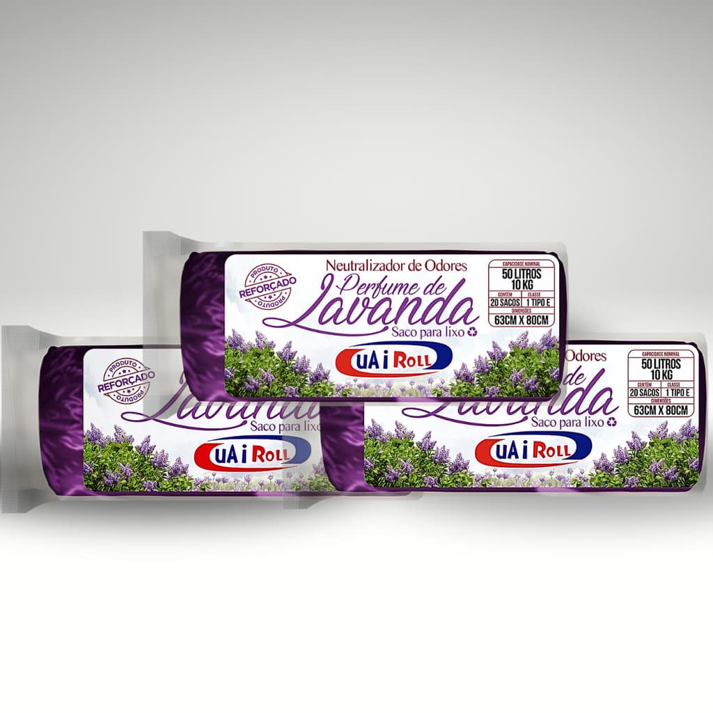 Saco De Lixo Kit 3 Rolls 60 Unidades 50 Litros Tira Odor Perfumado Com Cheiro de Lavanda Econômico