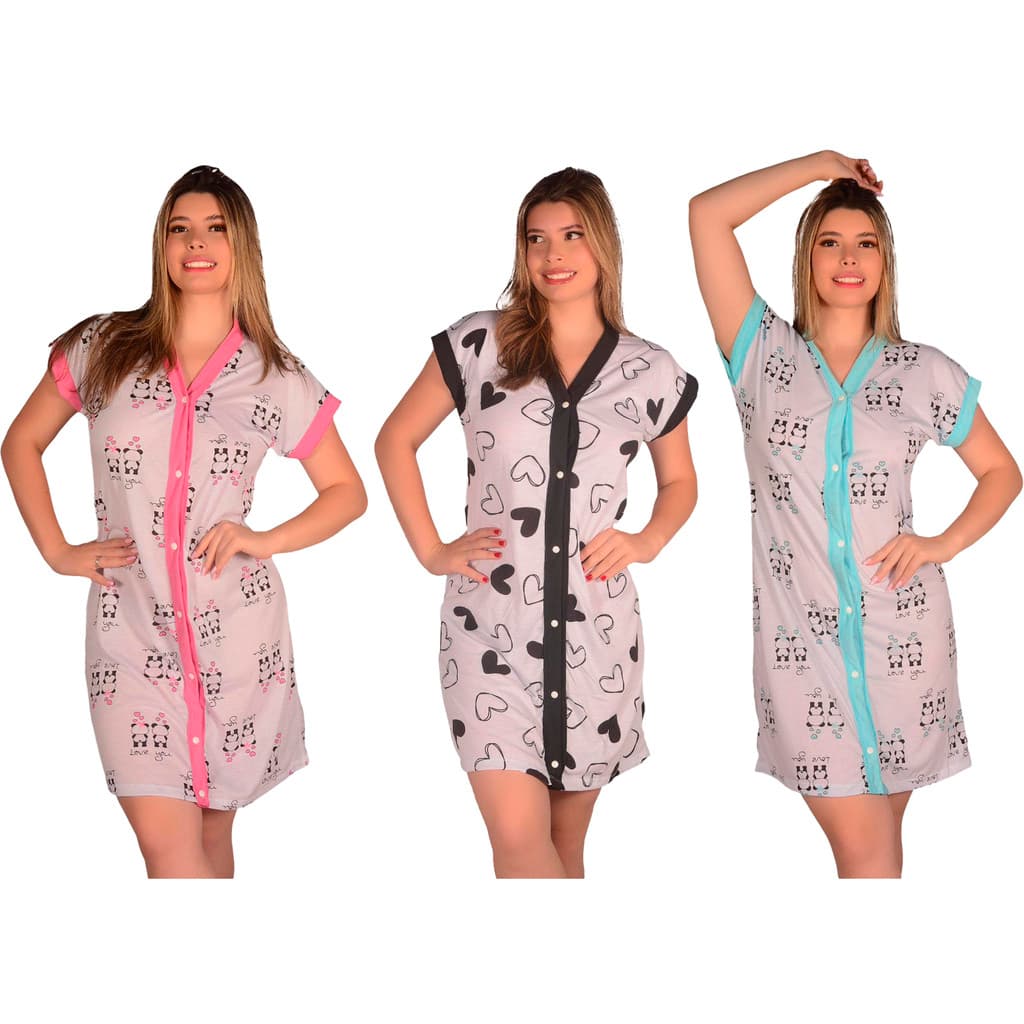 Kit com 3 Camisolas Amamentação Hospitalar Abre na Frente - Cores Variadas