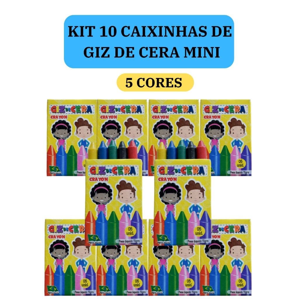 10 cx Mini Giz de Cera 5 Cores P/ Kit Festa Lembrancinha Artesanato Infantil