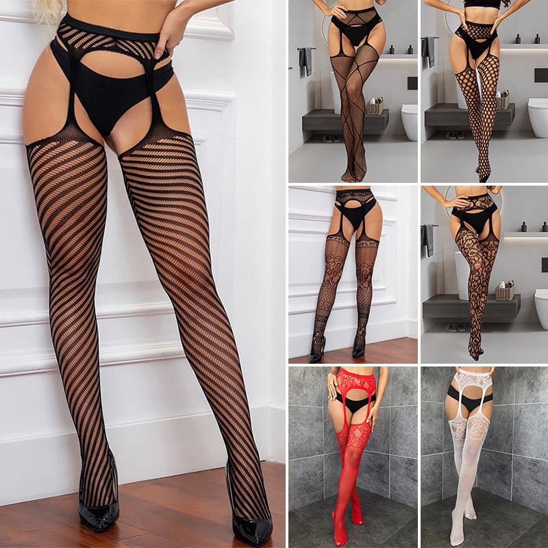 Moda Feminina Meia-Calça Arrastão Meias Com Cinta-Liga Coxa-Alta Suspender Preto Sexy Preta